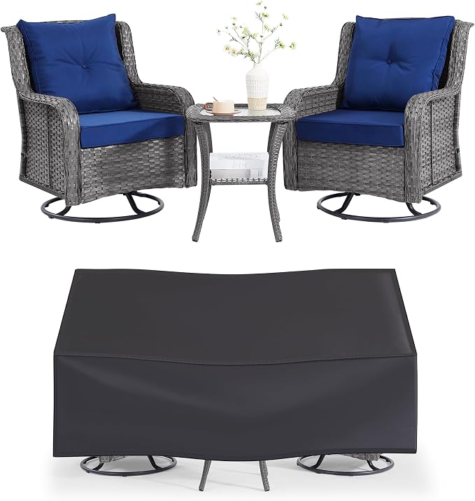 Wumiokio Patio Furniture Sets, 3 Pieces Wicker Outdoor Furniture - 360 Degree Swivel Rocking Chairs and Rattan Side Table for Garden,Porch,Backyard (Grey Wicker/Blue Cushion, 3PCS - Swivel Chairs)