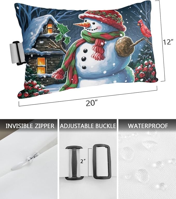 Outdoor Pillows Covers with Inserts Chirstmas Red Cap Snowman Red Bird Waterproof Recliner Pillow with Adjustable Strap Throw Pillows for Patio Furniture Pool Lounge Chair, 12x20 inch, 1PCS