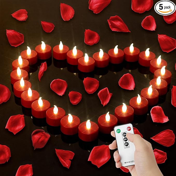 Hanzim Tea Light Candles with Remote Control,Flickering Flameless LED Candle,Long Lasting 400+Hours,Battery Operated with Timer for Home Decoration Seasonal &Festival Celebration Red (5pcs)