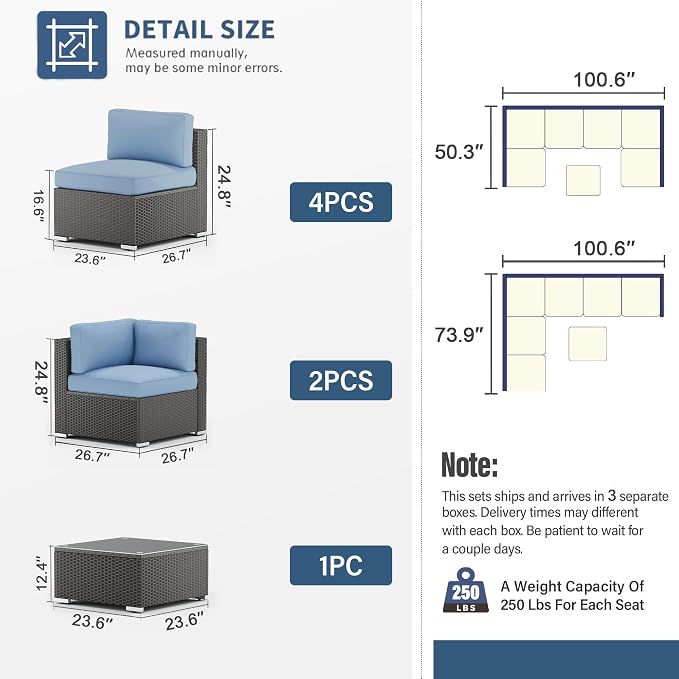 SUNCROWN 7-Piece Outdoor Patio Furniture Sofa Set All-Weather Wicker Sectional Conversation Set with Modern Glass Coffee Table, Cushions and A Waterproof Cover -Light Blue