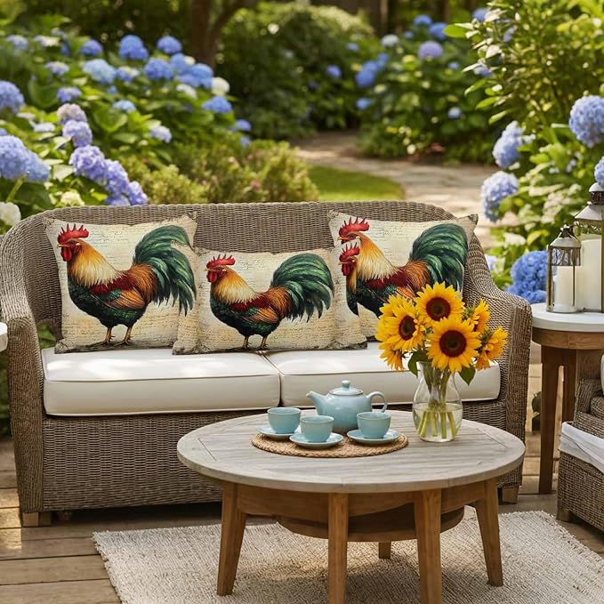 Vintage Rooster Waterproof Outdoor Pillow Covers Set of 2 Home Decor, Retro Farmhouse Country Animal Pillowcase Patio Pillow Covers for Couch Bench Furniture Garden 16x16in