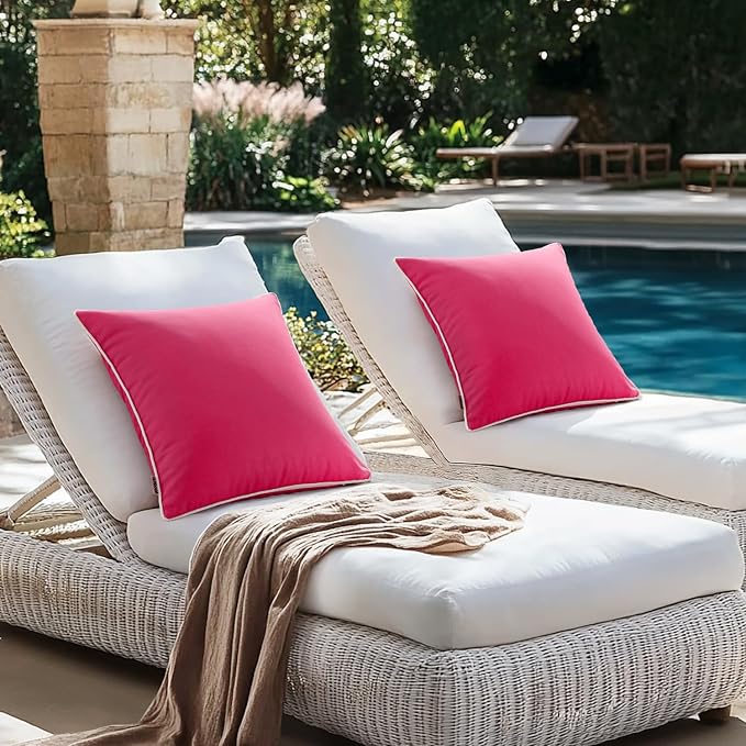 MIULEE Outdoor Waterproof Pillow Covers 24x24 Hot Pink Pack of 2 | Decorative Farmhouse Throw Pillow Covers with Piping,Square Solid Color,Patio Furniture,Summer Couch Tent Sofa Living Room