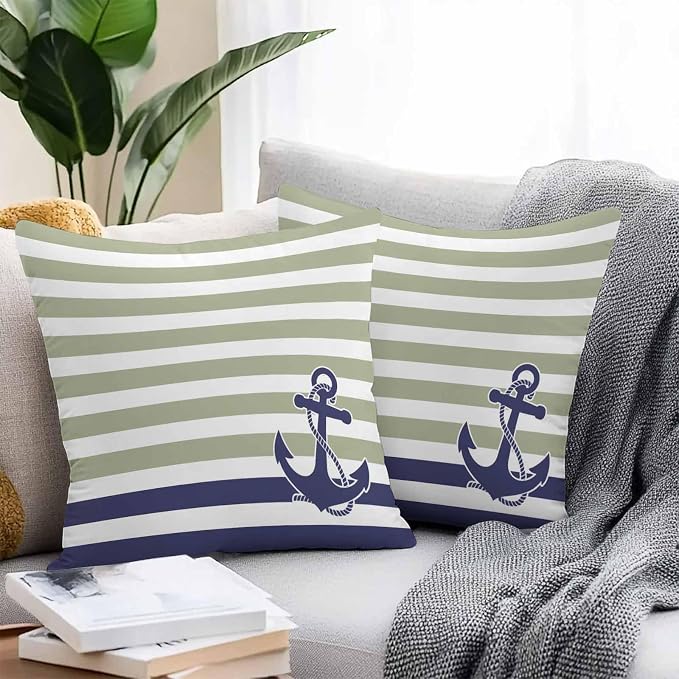 Throw Pillow Covers 26x26 Inch Set of 2, Striped Anchor Waterproof Outdoor Cushion Covers, Navy Blue Nautical Sage Green Geometric Decorative Pillowcases for Couch, Sofa, Bed, Garden, Patio