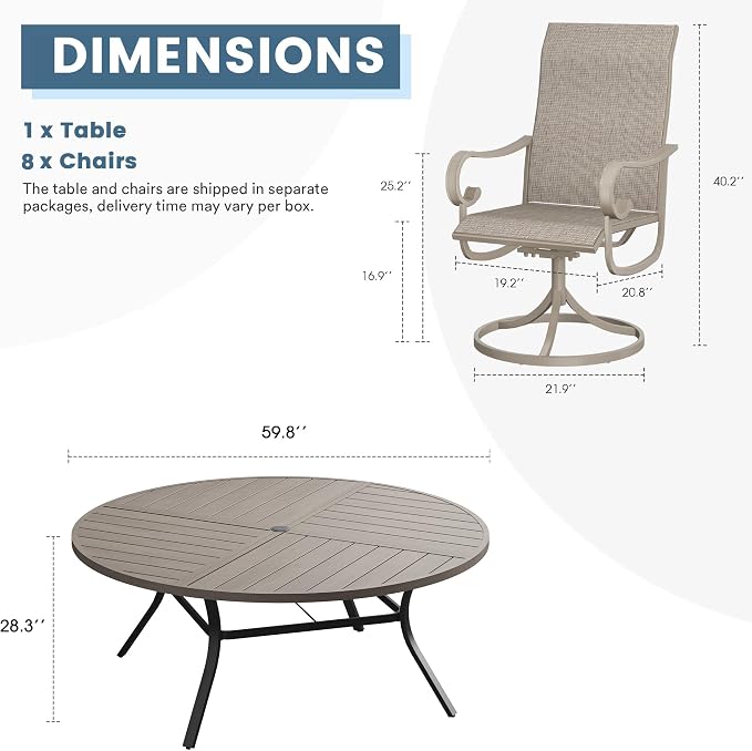 DIFY 9 Piece Outdoor Dining Set for 8, 59.8" Grey Wood-Like Round Metal Dining Table with Umbrella Hole and Swivel Patio Chairs with Sandshell Textilene, Patio Table and Chairs Set for Garden Backyard