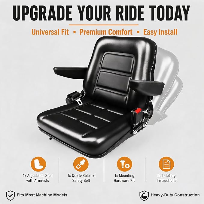 Universal Lawn Tractor Seat,Zero Turn Seat Replacement for Ariens IKON-XD | Waterproof PVC Thickened Foam Cushion Mower Seat with Seatbelt & Armrests,for Mini-Excavator,Forklift,Skid Loader
