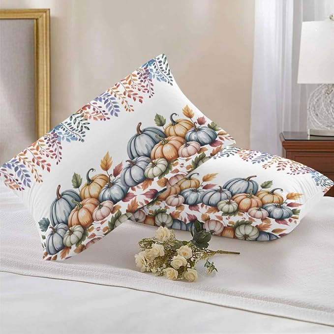 Orange Fall Pumpkins Outdoor Waterproof Pillow Covers, Eucalyptus Leaves Country Farmhouse Decorative Rectangle Throw Pillowcase Sofa Cushion Sham for Patio/Couch/Chair, 20"x12" 2 Pack
