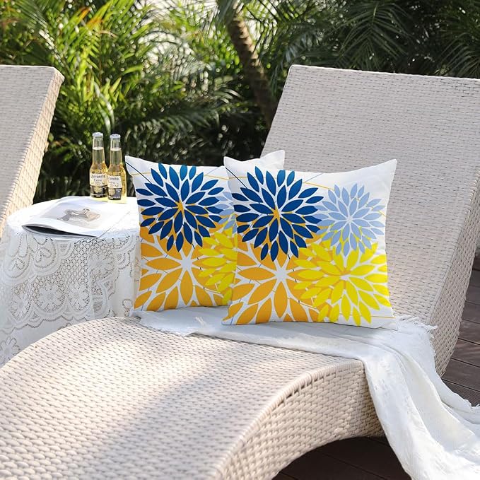 DFXSZ Pack of 2 Outdoor Waterproof Throw Pillow Covers 20x20 Blue Yellow | Polyester Colorful Spring Summer Floral Decorative Cushion Cases(NO INSERT),For Couch Patio Funiture Garden Home Decor
