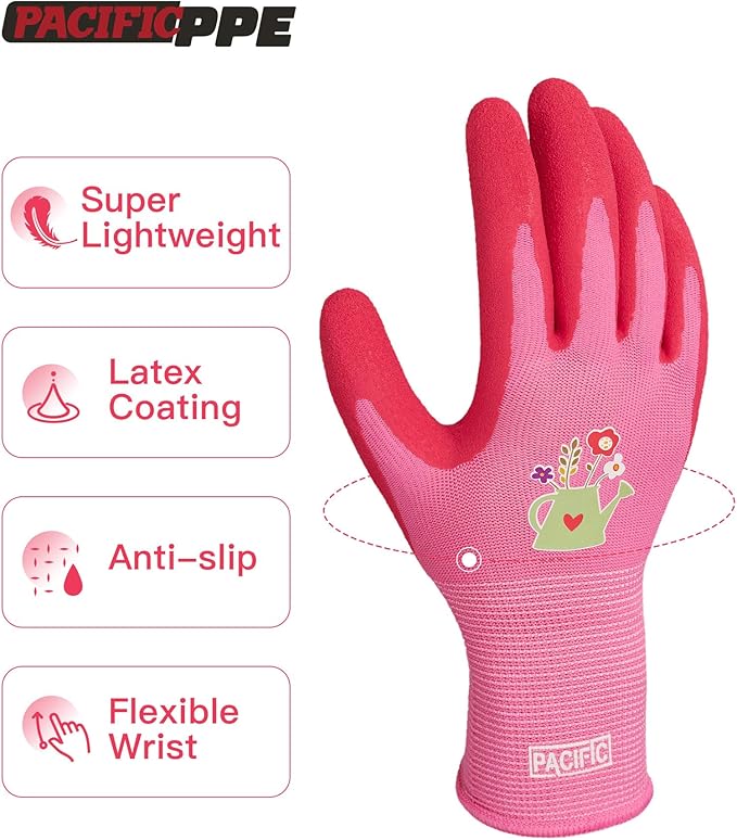 PACIFIC PPE 2 Pairs Gardening Gloves for women and Ladies, Rubber Coated Garden Gloves, Outdoor Protective Work Gloves, Medium Size fits Most, Purple & Red