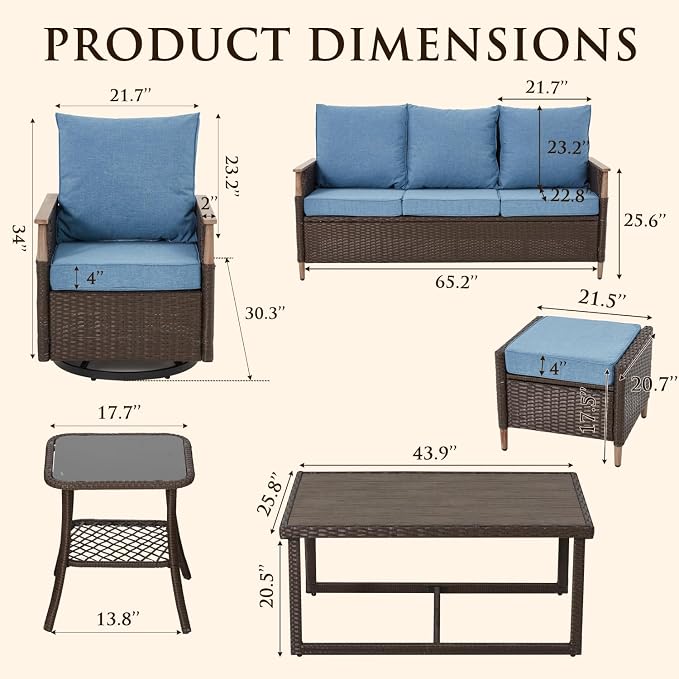 MELLCOM 7 Piece Patio Furniture Set Wicker Patio Conversation Set Rocking Bistro Set with 3 Seater Sofa, Coffee Table, Tempered Glass Side Table and 2 Ottoman, for Backyard Garden Patio (Blue, 7pcs)