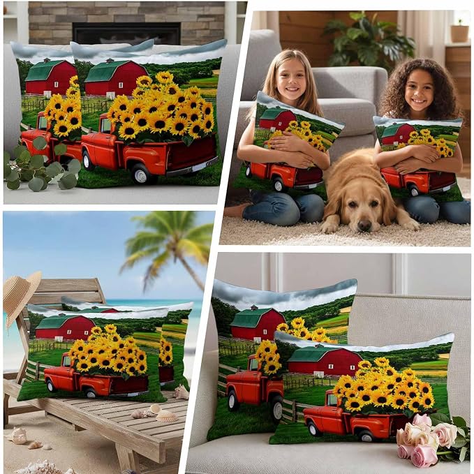 Waterproof Pillow Covers Set of 2 24x24 Inch Farmhouse Sunflower Outdoor Cushion Covers Farm Red Truck Decorative Pillow Cases for Patio, Sofa, Couch, Garden, Balcony