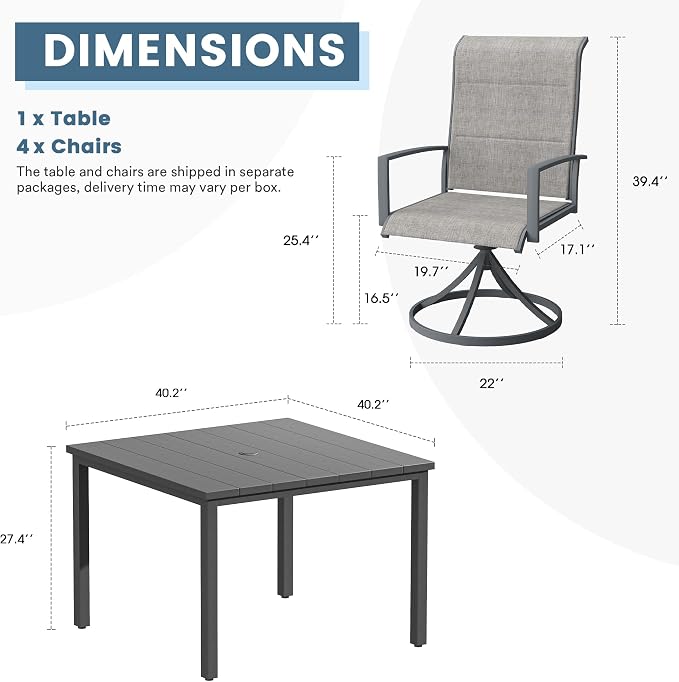 DIFY 5 Piece Outdoor Patio Dining Set for 4, 40.2" Square Metal Dining Table and Swivel Patio Chairs with Padded Textilene, All-Weather Outdoor Furniture Set for Garden Backyard Porch, Grey