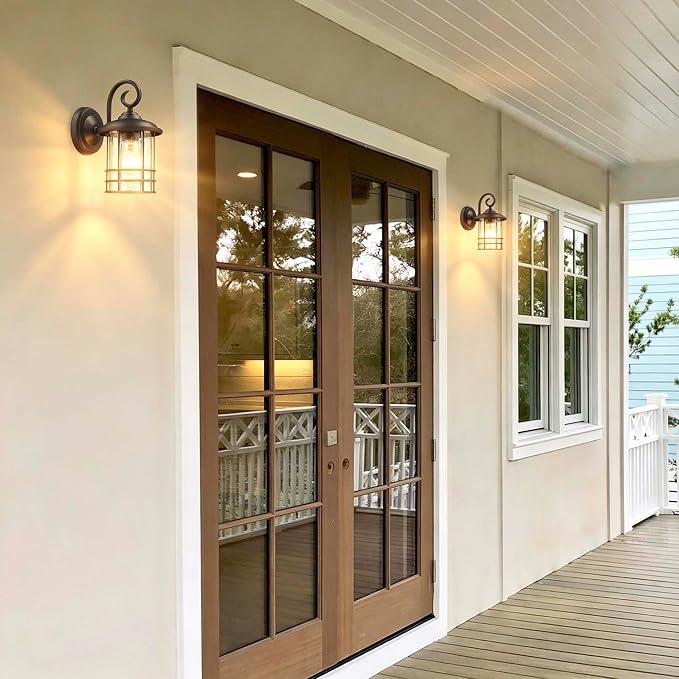 MICSIU Narrow 5.5" Wide Bronze Porch Light 1 Pack, H9.8 Vintage Farmhouse | Metal Round WaterProof Outdoor Wall Sconce, Seedy Glass Outside Fixture For Small Sidelight, Front Door, Garage