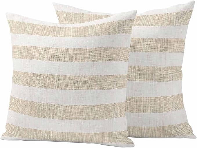 Vintage Linen Outdoor Waterproof Throw Pillow Covers Set of 2, 24"x24", Striped Beige Theme Farmhouse Decorative Pillow Covers Outside Cushion Case for Patio Porch Garden