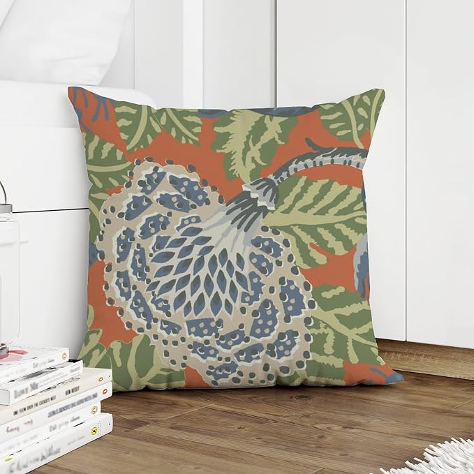 Cushion Cases Navy Blue Floral White Cushion Cover Farmhouse Green and Orange Chinoiserie Pillow Cover Accent Throw Pillow Covers Farmhouse Decorative for Living Bed Room Patio Home 22x22 in