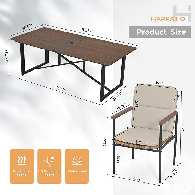 HAPPATIO 9 Piece Patio Dining Set Outdoor, 8 Wicker Chairs with Aluminum Frame and Olefin Cushions, Large Wooden Dining Table with Umbrella Hole,Patio Table and Chairs for Backyard Garden Porch