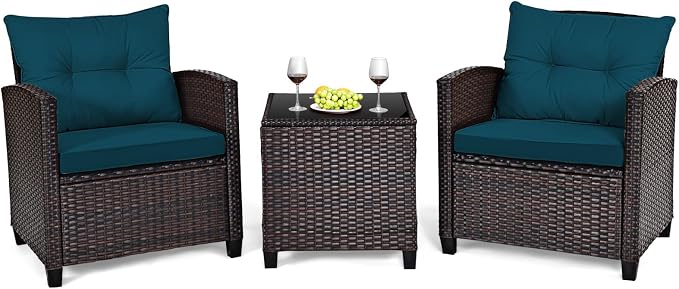 3-Pieces Patio Furniture Set, PE Wicker Chairs Sofa Set with Removable Cushions & Glass Top Side Table, Outdoor Wicker Rattan Conversation Chair for Porch,Backyard, Balcony (Peacock Blue)
