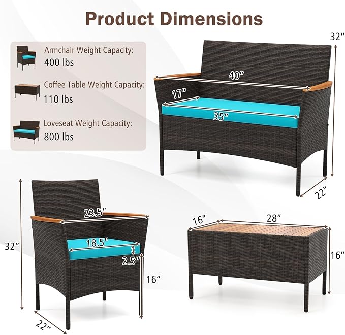 Tangkula 4 Pieces Patio Wicker Sofa Set, 2 Rattan Chairs & Loveseat w/Coffee Table, Acacia Wood Armrests & Tabletop, Outdoor Cushioned Conversation Set for Backyard, Poolside (Turquoise, 8 Pieces)