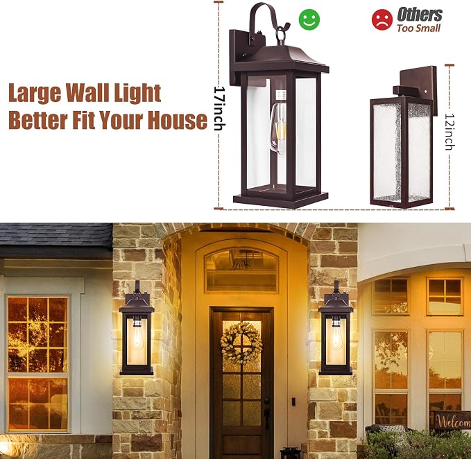 Bronze Dusk to Dawn Outdoor Wall Sconces 2-Pack Large | Exterior Light Fixtures Brown, 17 Inch Outdoor Light Fixtures Oil Rubbed Anti-Rust, Outside Carriage Coach Lamps, ETL List