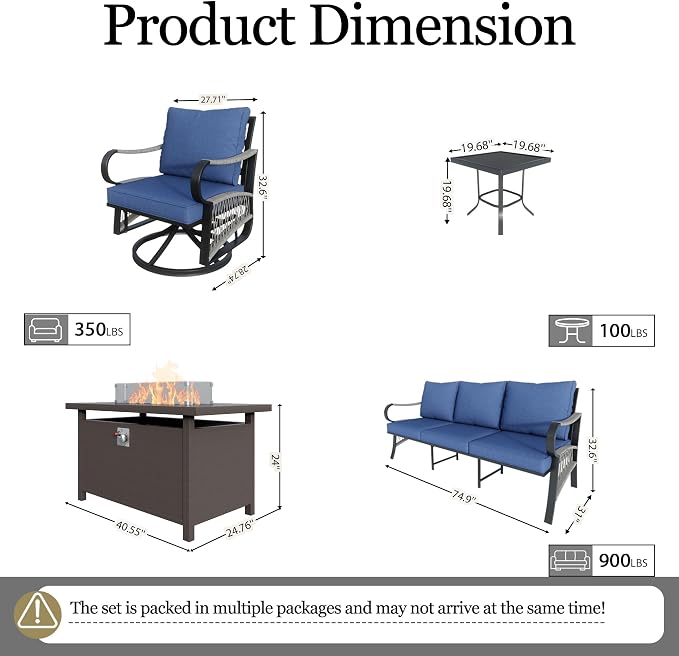 9-Piece Outdoor Furniture Set, Metal Swivel Rocking Chairs with All-Weather Cushions, Patio Conversation Set with Fire Pit Table for Deck, Porch, Garden, Backyard, Poolside (Blue Cushions)