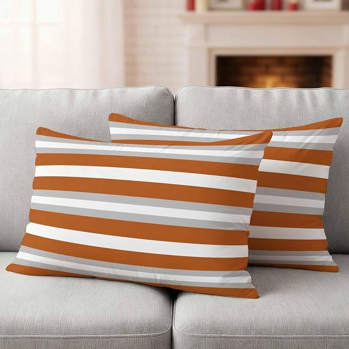 Lumbar Pillow Covers 20x12 Inch Set of 2, Burnt Orange Grey Stripe Waterproof Outdoor Pillow Covers, Minimalist Farmhouse Striped Decorative Cushion Pillowcases for Couch, Sofa, Bed, Garden, Patio