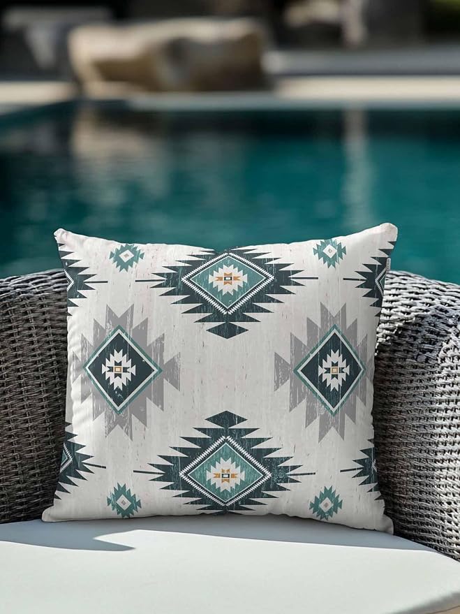Waterproof Outdoor Pillow 1 Pack Turquoise Boho Aztec Decorative Throw Pillows Cover & Insert 16x16 Inch Pillowcase Southwest Tribal Style Pillows for Couch Sofa Bed Patio Furniture Indoor Outdoor