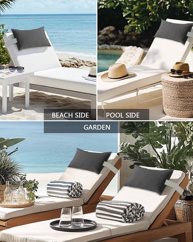 Outdoor Pillow for Lounge Chair with Strap & Insert Dark Grey Pattern Recliner Head Pillow Pure Colour Waterproof Headrest Patio Lumbar Pillows for Beach Pool Office Chaise Chair 12x20 Inch