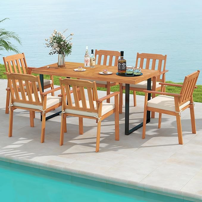Tangkula 7 Pieces Patio Dining Table Set, 63” Rectangle Acacia Wood Table with Umbrella Hole and 6 Cushioned Armchairs, Outdoor Dinette Furniture for Garden Backyard Kitchen
