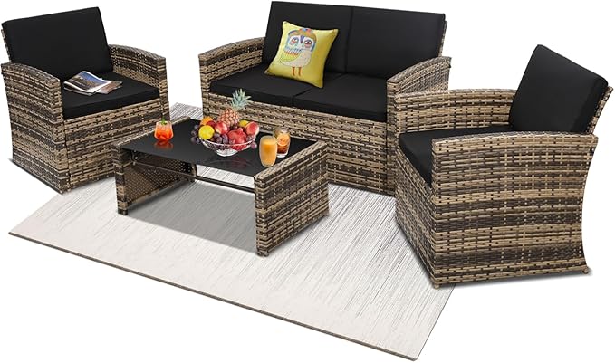 KROFEM 4-Piece Patio Furniture Set, Wicker Outdoor Rattan Sectional Sofa with Cushions and Glass Table, All-Weather Outdoor Conversation Set for Garden, Porch, Backyard, Patio, Black