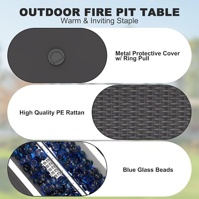 Patio Furniture Set, 7PCS Patio Sectional w/ Fire Pit Tabel Ottoman Wicker Rattan Outdoor Furniture with Thickened Cushion Modular Wicker Patio Conversation Set with Glass Top Table for Balcony(Khaki)
