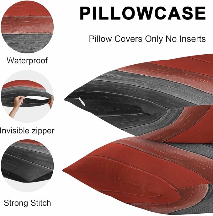Red Gray Black Outdoor Pillow Covers 24x24 Inch Throw Pillow Covers Set of 2 Waterproof Decorative Pillow Cases Vintage Country Gradient Wooden Grain Cushion Covers for Patio Furniture Garden Couch