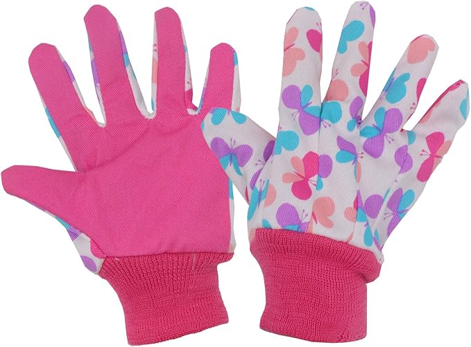HANDLANDY 2 Pairs Kids Gardening Gloves, Cotton Kids Work Gloves, Pink, M | Girls Boys Children Garden Yard Work Play Cycling Gloves with Knit Wrist, Cute Pattern, Gift