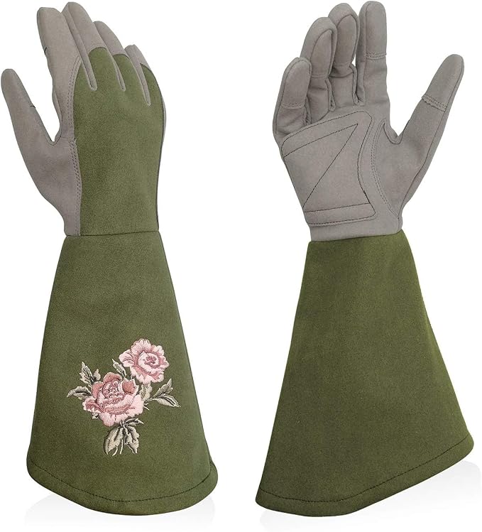 Rose Pruning Gloves with Forearm Protection, Thorn Resistant | Embroidery Design with Extra Long Cuff for Gardening and Pruning Tasks