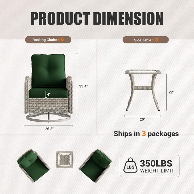 9-Piece Patio Rocking Swivel Chair Outdoor Wicker Rattan Bistro Set with Tempered Glass Side Table, Outdoor Patio Furniture Set for Garden, Deck, and Balcony, Green
