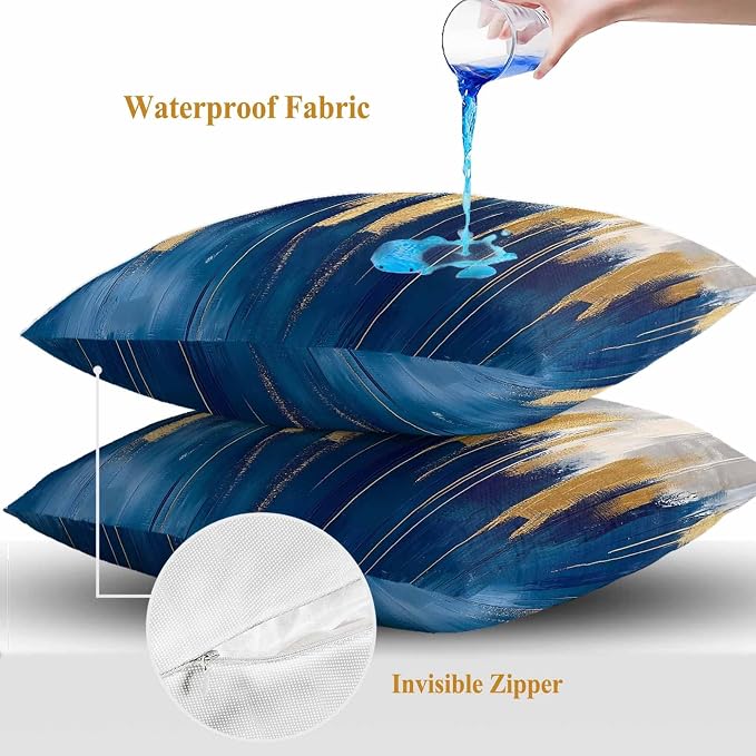 Abstract Color Block Outdoor Waterproof Throw Pillow Covers Set of 2, 24"x24", Navy Block Impressionist Style Decorative Pillow Covers Outside Cushion Case for Patio Porch Garden