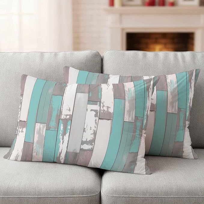 Turquoise Gray Outdoor Pillow Covers 20x12 Inch Lumbar Pillow Covers Set of 2 Waterproof Decorative Throw Pillow Cases Country Retro Mottled Texture Wood Grain Cushion Covers for Patio Furniture