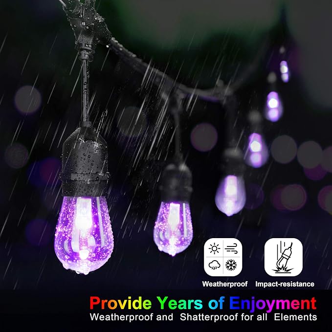Mlambert Multicolor 144FT(3x48FT) LED Patio String Light with Remote, Black | Plug in, 8 Lighting Modes, 45+6 S14 RGB Edison Bulbs, Dimmable, Shatterproof, Waterproof, Connectable, for Bistro Balcony