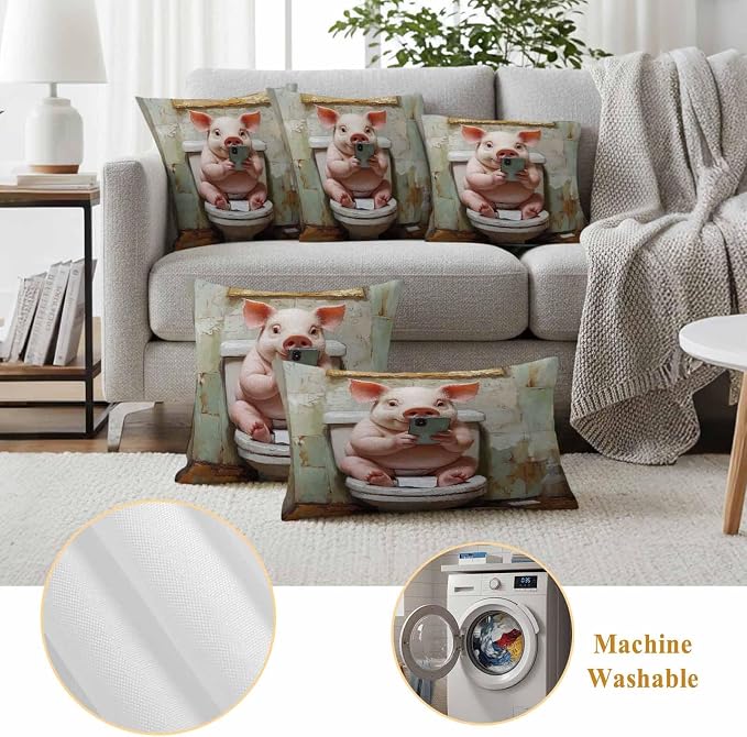 Waterproof Pillow Covers Set of 2 18x18 Inch Vintage Funny Outdoor Cushion Covers Piggy Cell Phone Toilet Decorative Pillow Cases for Patio, Sofa, Couch, Garden, Balcony