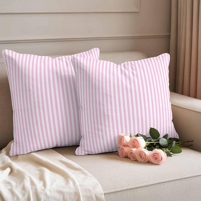 Throw Pillow Covers 20x20 Inch Set of 2, Pink White Stripe Waterproof Outdoor Cushion Covers, Modern Minimalist Geometric Striped Decorative Pillowcases for Couch, Sofa, Bed, Garden, Patio