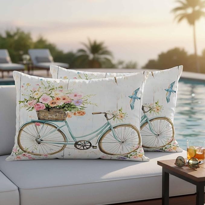 Teamery Outdoor Waterproof Pillow Covers Pastoral Blossom Blue Bike Throw Cushion Case, Vintage Wooden Plank Pillowcase for Bed,Sofa,Couch, Patio Furniture,20x12in, 2Pack Decorative Pillows Protector