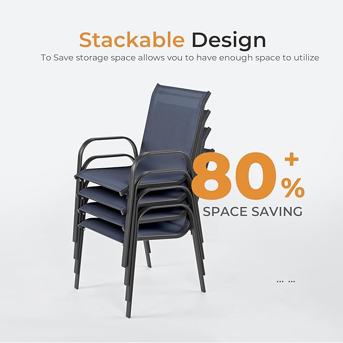 HAPPATIO Outdoor Patio Dining Set, 6 Quick Dry Textilene Dining Chairs and Dining Table with Umbrella Hole, Stackable Textilene Chairs for Garden, Patio and Poolside Backyard, Blue