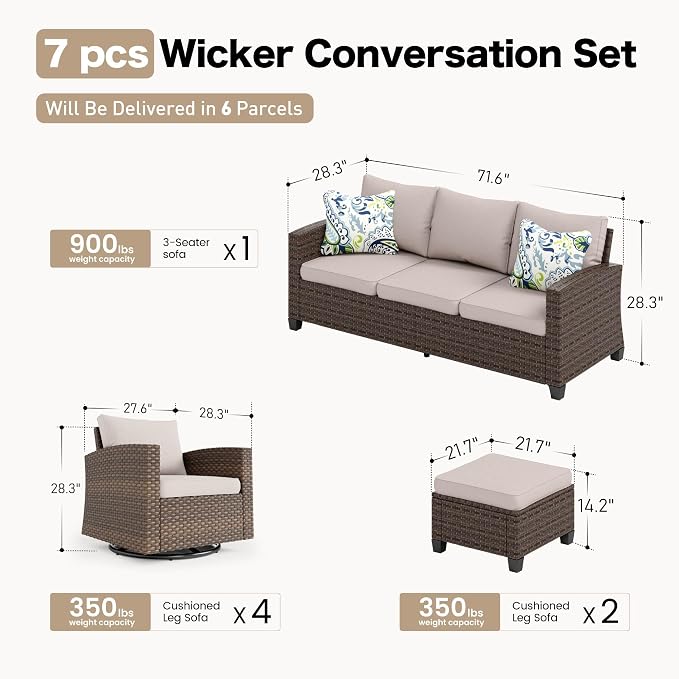 SUNSHINE VALLEY Swivel Glider Patio Furniture Set Outdoor Furniture Brown Wicker Rattan Patio Conversation Sets with Cushion Outside Sofa Set,7 Pieces,9 Seats,Beige