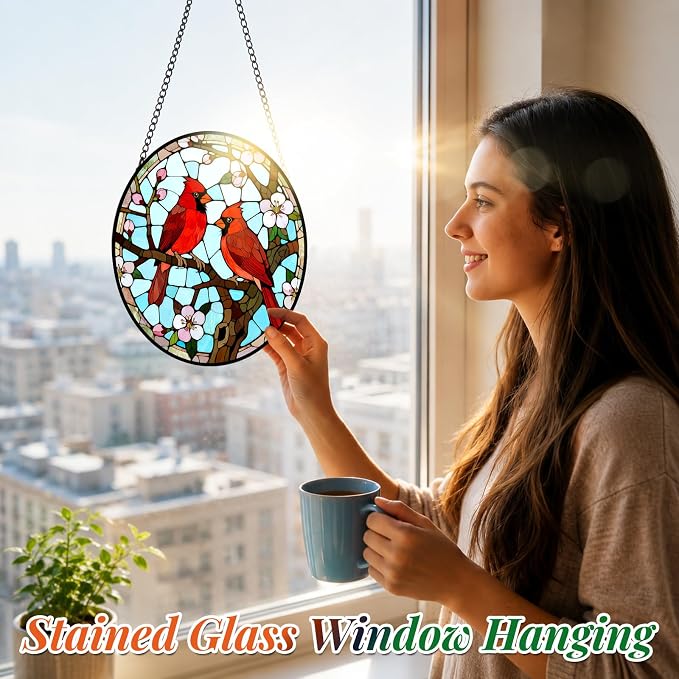 Cardinal Pair Stained Glass Suncatcher Window Hanging Bird Memorial Gift | 7.8in Garden Sun Catcher, Red Cardinals Patio Decor, Gifts for Mom Grandma Bird Lovers & Valentine Day, Christmas Ornaments
