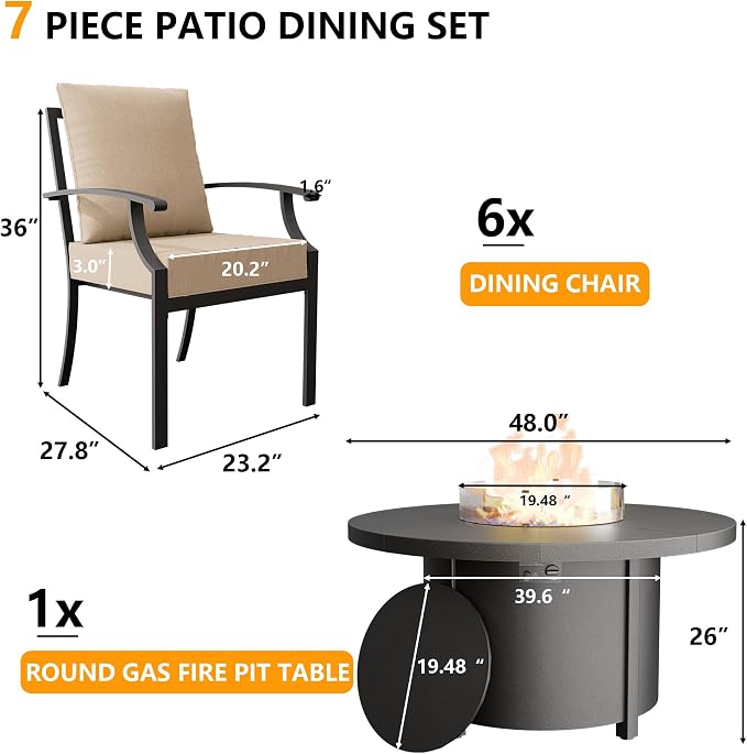 7 Piece Metal Outdoor Patio Furniture Set with 48" Round Propane Fire Pit, Outdoor Dining Table Set with 6 Fixed Chairs and 55000 BTU Outdoor Fire Pit, Sand