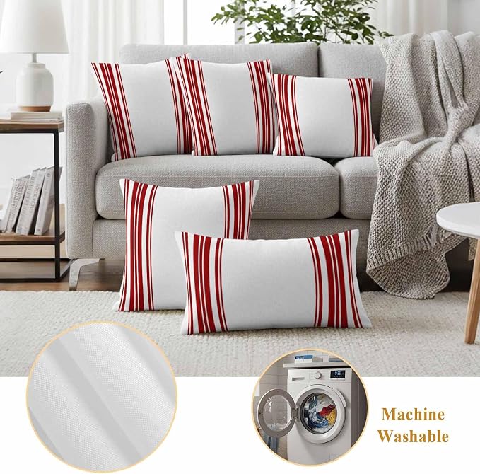 Outdoor Waterproof Throw Pillow Covers Set of 2 Red Stripes Pillowcases 26x26 Inches White Vertical Striped Decorative Pillows Cushion Case Patio Pillows for Couch Bed Chair Garden
