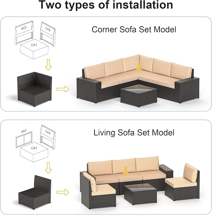 Patio Furniture Set with Fire Pit Table, 7PCS Outdoor Conversation Sets Waterproof Rattan Sectional Sofa with 4” Thickened Cushion Modular Wicker Patio Furniture Set with Glass Top Table (Kahki)