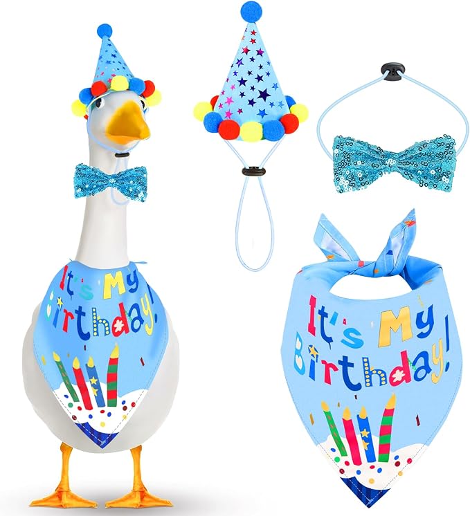 Birthday Outfit Set for Porch Goose Statue 23"& 17" - Party Bandana, Hat & Bow Tie for Outdoor Yard Decor, Cement Goose