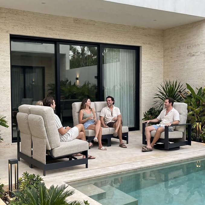 LayinSun 1-Piece Patio Furniture Set, Outdoor Aluminum Conversation Set with Swivel Chair and 6" Thick Cushions, Modern Sectional Sets for Balcony Backyard Pool
