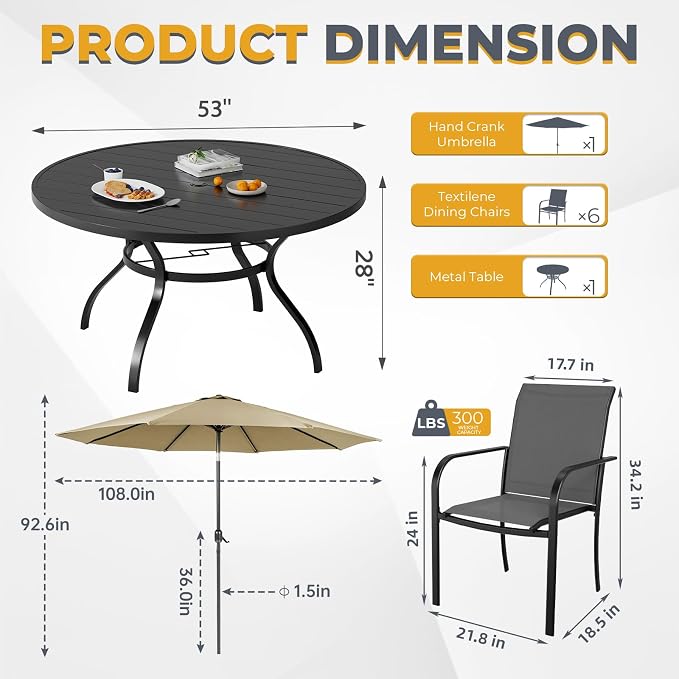 Incbruce 8 PCS Patio Dining Set with Brown Umbrella, Outdoor Dining Set of 6 Textilene Chairs and 53" Round Table with Umbrella Hole for Backyard, Garden, and Poolside (Grey)