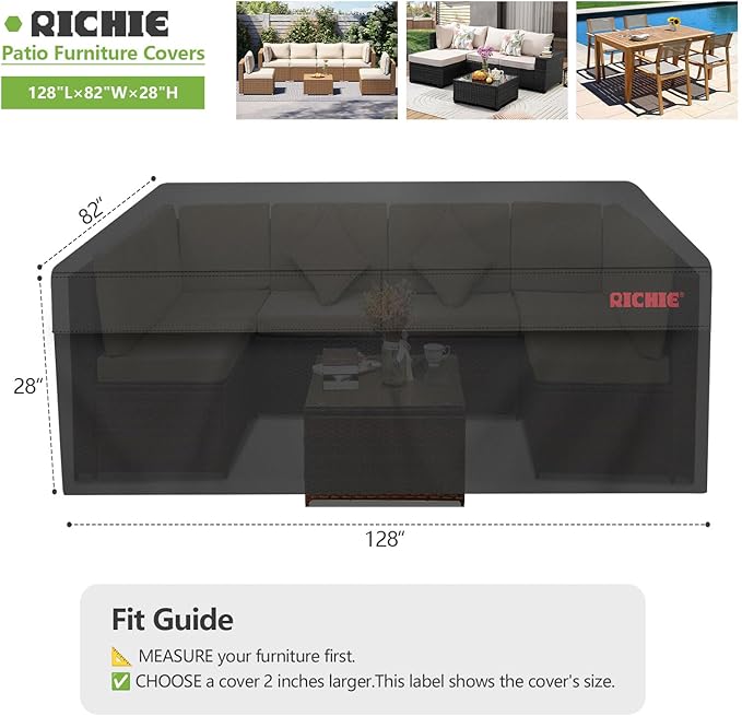 RICHIE Patio Furniture Covers, Waterproof Outdoor Table and Chair Set Cover, Rectangular Dining Table Cover, 128" L x 82" W x 28" H, Black