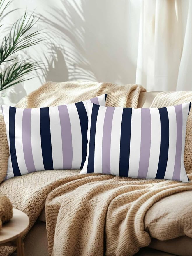 Outdoor Pillows Waterproof, Purple Navy Blue Striped Bedding Throw Pillows with Insert for Couch Sofa Bed, Farmhouse Stripe Art 12x20 Inch Pillowcases Decorative Camping Patio Pillow Set of 2